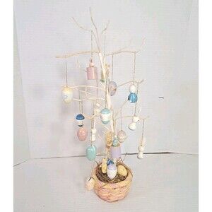 Vintage Easter Tree 18" Tabletop Centerpiece w/ Wood Bunny Egg Chick Ornaments